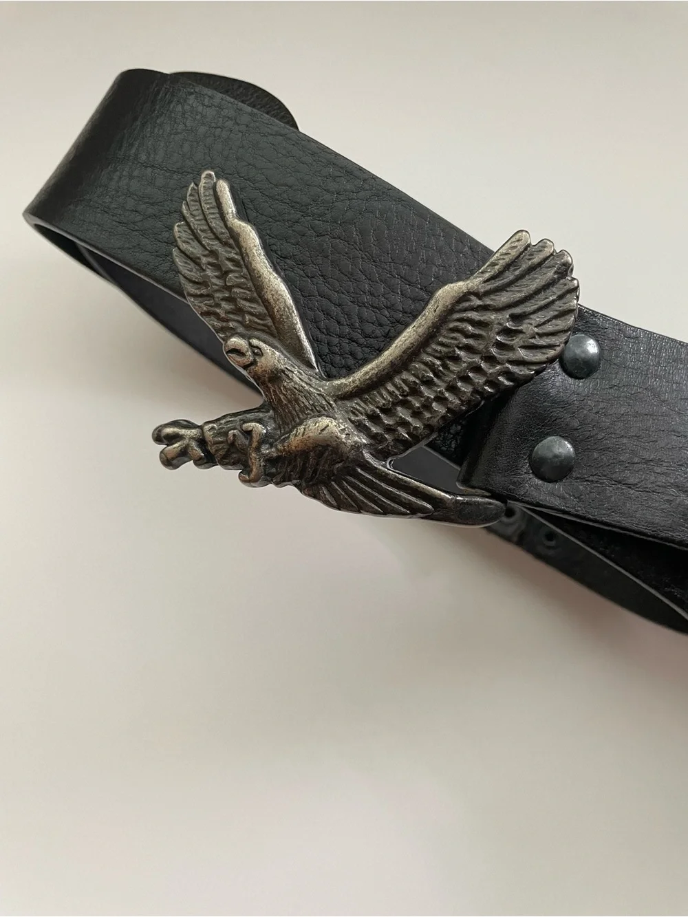 Vintage GAP Black Leather Belt with Dark Brass Toned Eagle Buckle, size 34